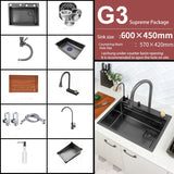 New Black Nanometer 304 Stainless Steel Waterfall Kitchen Sink 3mm Thickness Large Single Slot Above Mount Waterfall Faucet Jennyshome